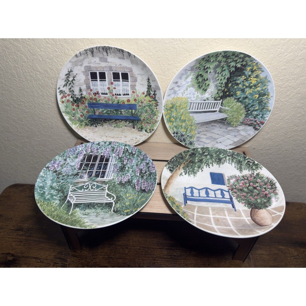"Garden Benches" 7.5 INCH Plates-For DECOR ONLY- Hand Painted Set Of 4 1980/90s